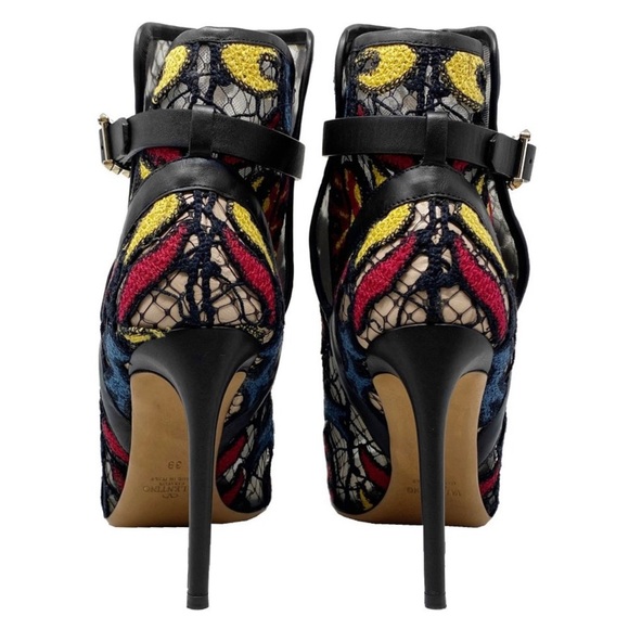 Valentino Embroidered Multicolor Rockstud Peep Toe Ankle Boots - Picture 4 of 7